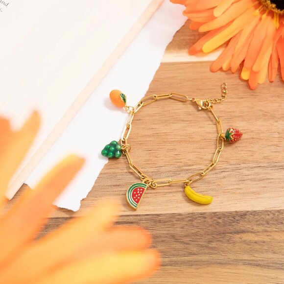 18K Gold PVD Stainless Steel Fruit Charm Bracelet | Colorful Non-Tarnishing Luxe - Picture 5 of 6